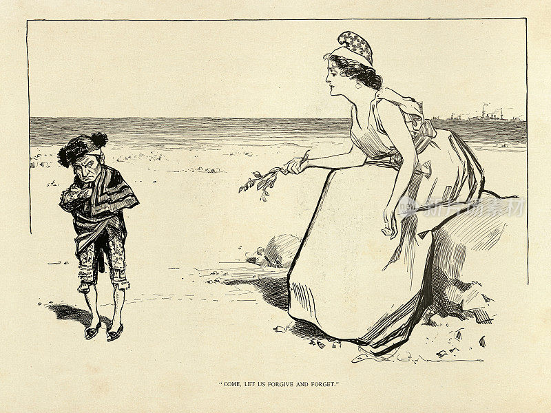 讽刺的老式漫画，在美西战争结束后，1898年，查尔斯·达纳·吉布森伸出了橄榄枝