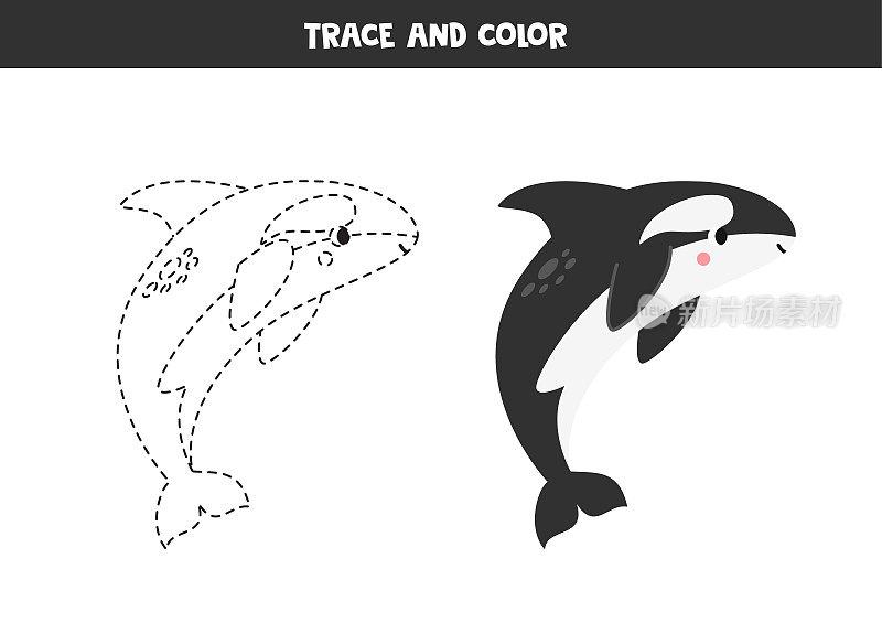 痕迹和彩色卡通可爱的卡通虎鲸。儿童工作表。