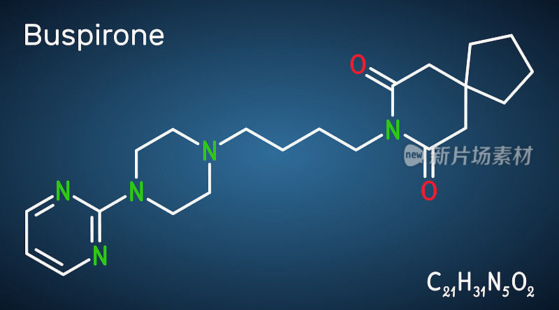 丁螺环酮分子。是治疗焦虑、抑郁的抗焦虑药。深蓝色背景上是结构化学式。