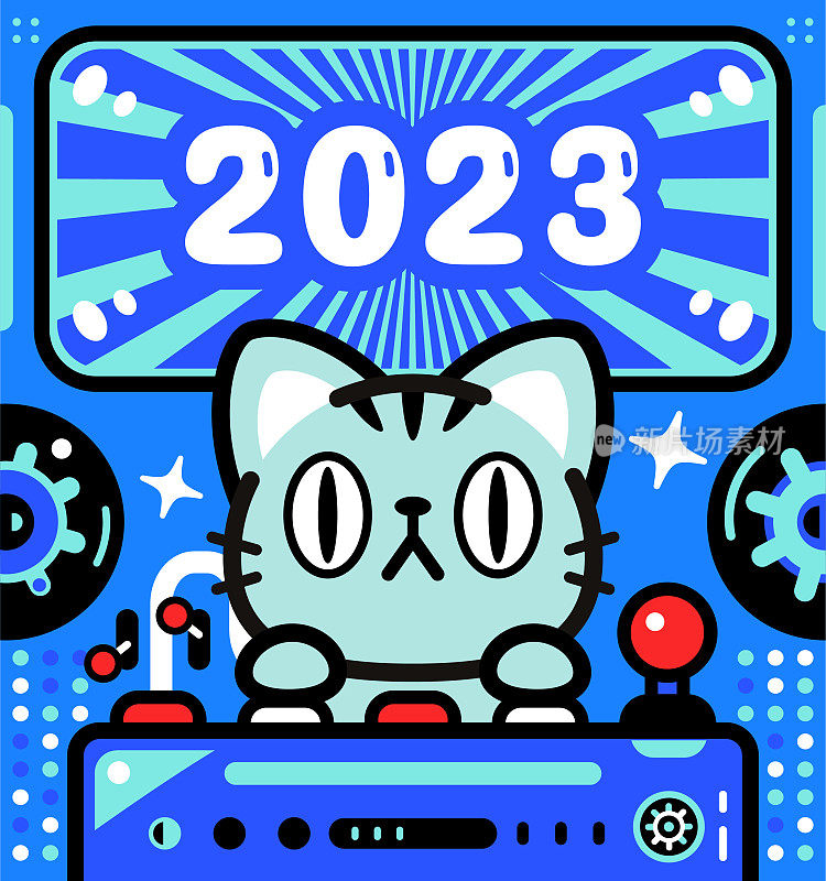 一只可爱的猫正在驾驶一艘无限动力宇宙飞船，庆祝2023年的到来