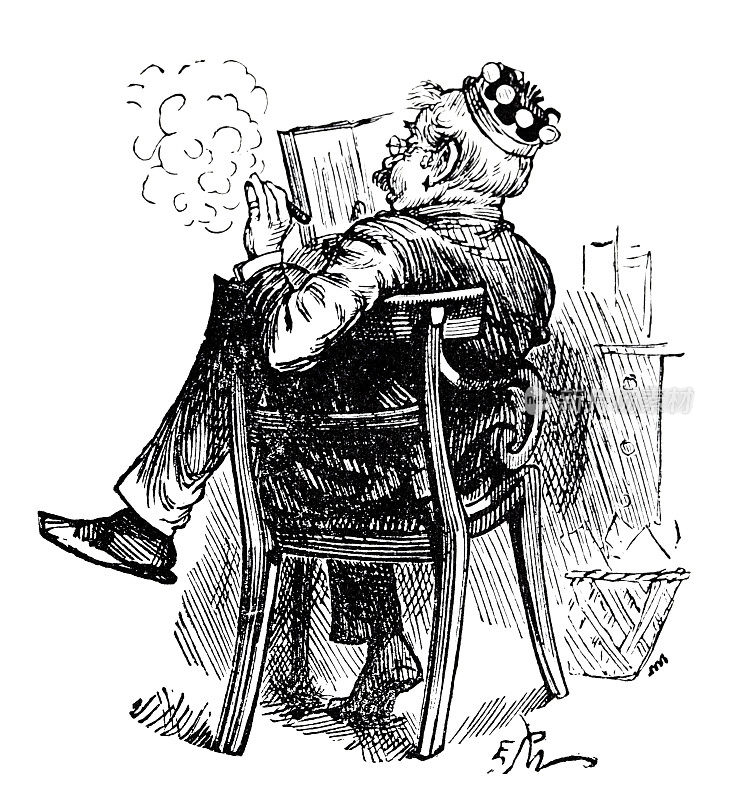 戴着皇冠的男人在看书，他抽烟，背影，在白色背景上剪下来