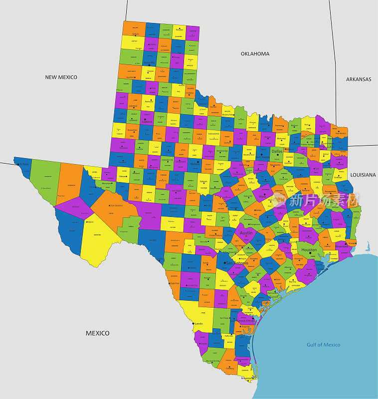 彩色的德州政治地图，有清晰的标签，分层。矢量插图。