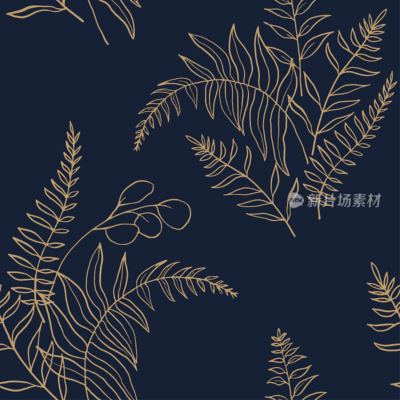 豪华无缝模式与花束米色蕨类，桉树和草药在深蓝色背景。中国风格的启发。