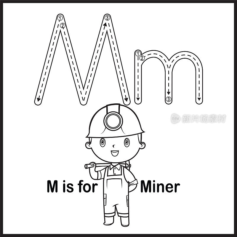 抽认卡字母M是矿工矢量插图