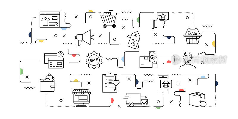 网上购物相关的矢量横幅设计概念，现代线条风格与图标