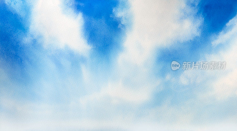 水彩山水插画，蓝天白云