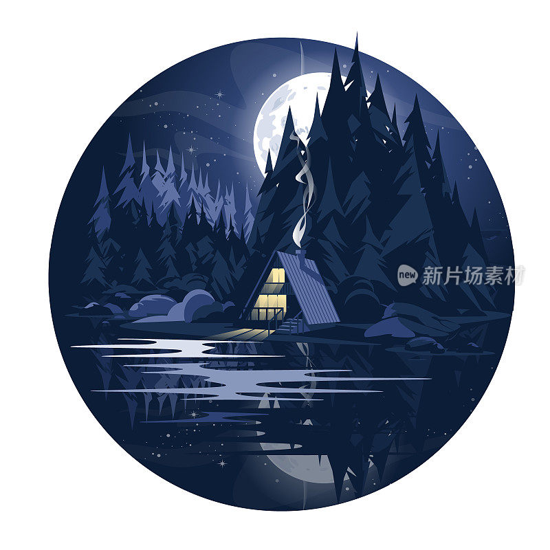 夜晚的针叶湖木屋。大月亮和松林。水中的倒影。矢量平面插图。户外娱乐的想法。