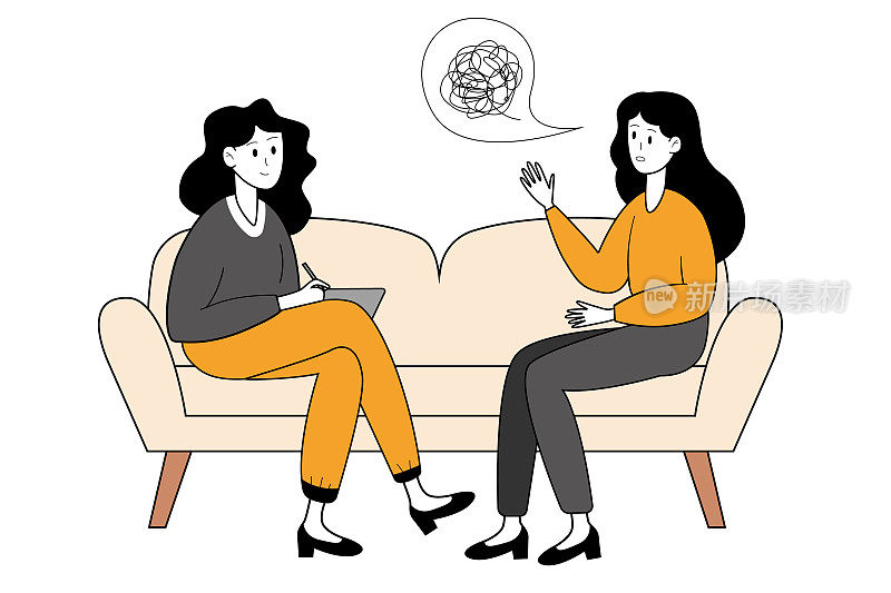 情感和心理支持。女人坐在沙发上和心理学家谈话。矢量插图。