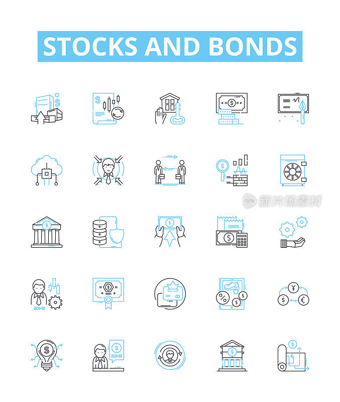 股票和债券矢量线图标集。股票，债券，股票，固定收益，证券，股票市场，债券市场说明概述概念符号和标志