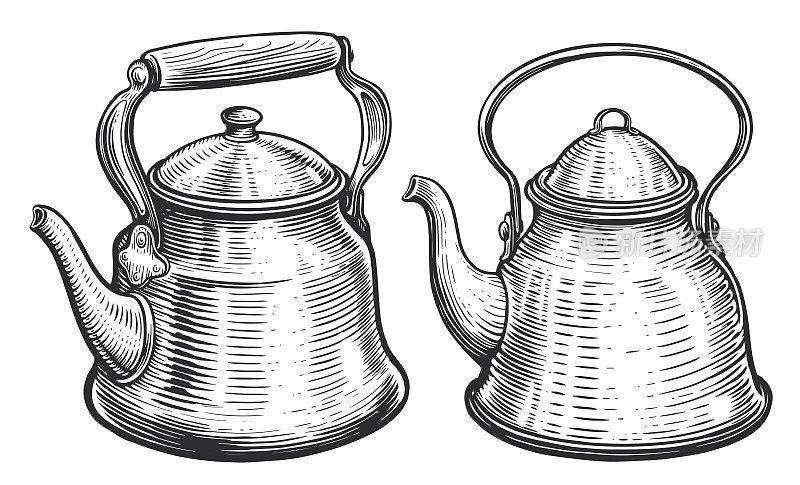 带把手的传统不锈钢复古茶壶。手绘草图复古矢量插图
