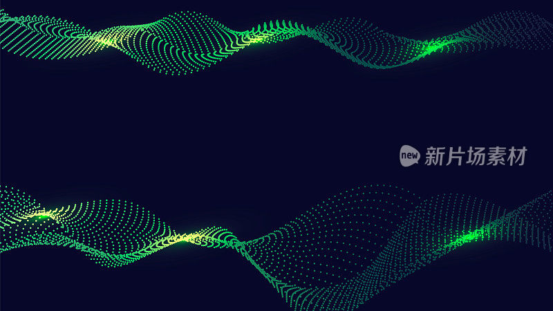 深蓝色抽象背景上的动态绿色粒子波线。抽象声音可视化。发光粒子波流的数字结构。