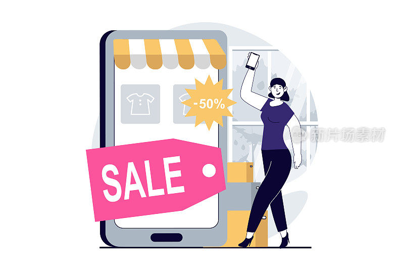 移动商务概念与人的场景在平面设计的网页。在申请打折购物的妇女。矢量插图的社交媒体横幅，营销材料。