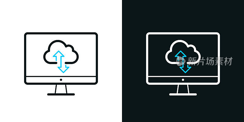 云下载，桌面电脑上传。黑色或白色背景上的双色线图标-可编辑的笔画
