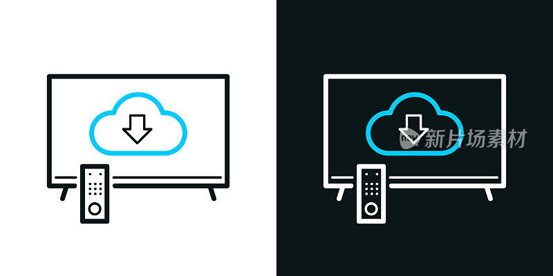 云下载到电视。黑色或白色背景上的双色线图标-可编辑的笔画