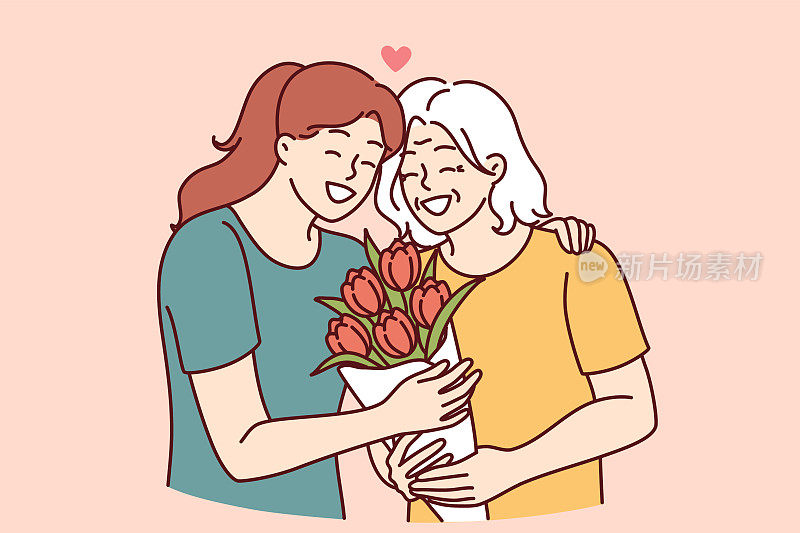 一位妇女拥抱年迈的母亲，并送上一束鲜花，祝贺她的生日或母亲节
