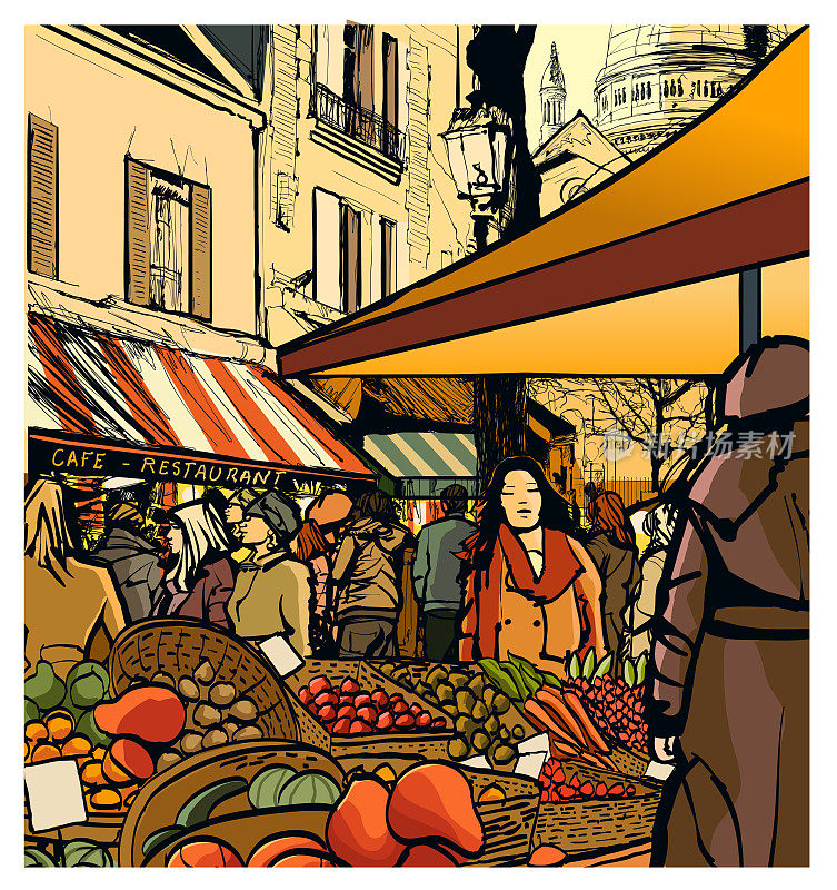 巴黎蒙马特新鲜健康生物水果和蔬菜市场的病媒代表