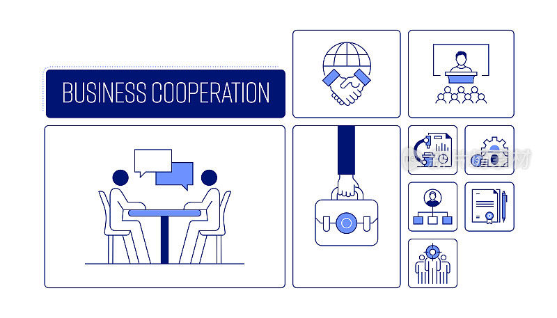 商业合作相关设计与线图标。简单轮廓符号图标。