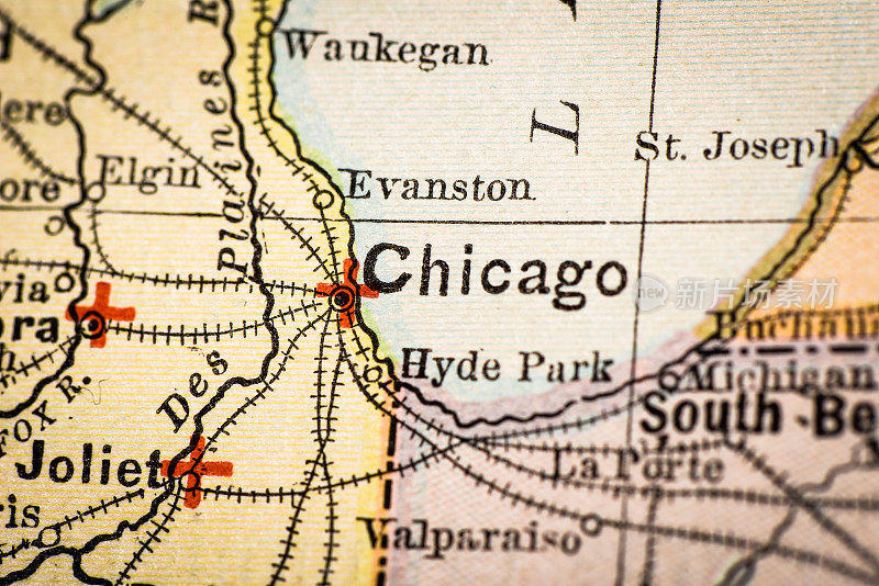 古董地图集地图宏观特写:芝加哥，伊利诺伊州