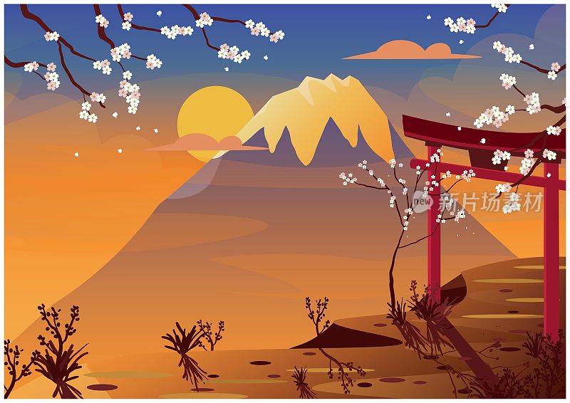 日本旅游载体。樱花、富士山、日落和鸟居神社。