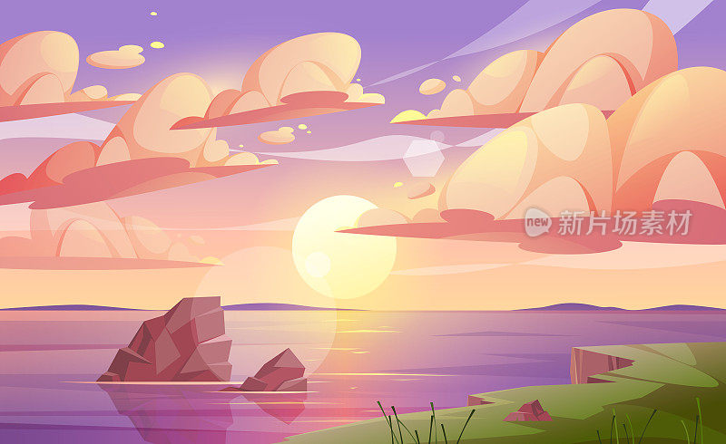 日落或日出在海洋，自然景观背景，卡通矢量插图。粉红色的云在天空中飞舞，海面上闪耀的太阳与岩石粘在一起。傍晚或早晨背景水面