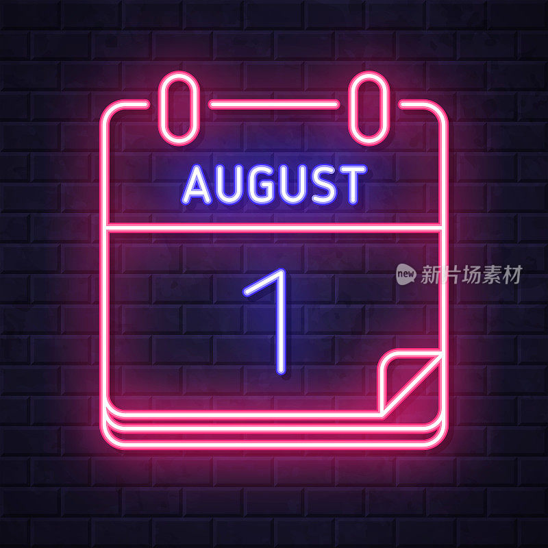 8月1日。在砖墙背景上发光的霓虹灯图标