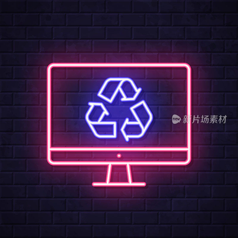 桌面电脑与回收符号。在砖墙背景上发光的霓虹灯图标