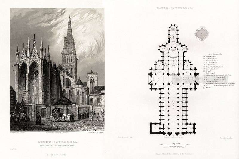法国大教堂，鲁昂大教堂，鲁昂，法国，古董法国雕刻，1837年