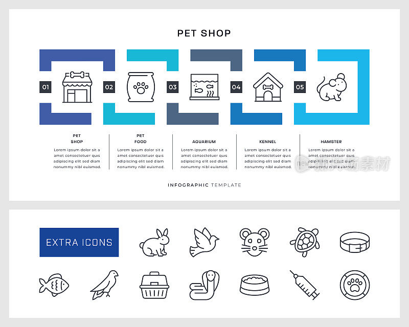 宠物店信息图表模板和线条图标