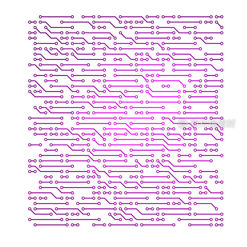 一种充满活力的背景图案，以电路板上主要是水平的紫色电线块为特征，突出了复杂的电子设备。