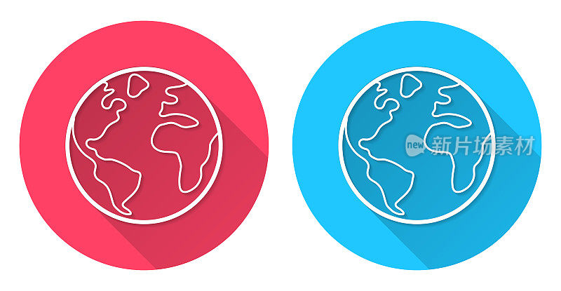世界――行星地球。圆形图标与长阴影在红色或蓝色的背景