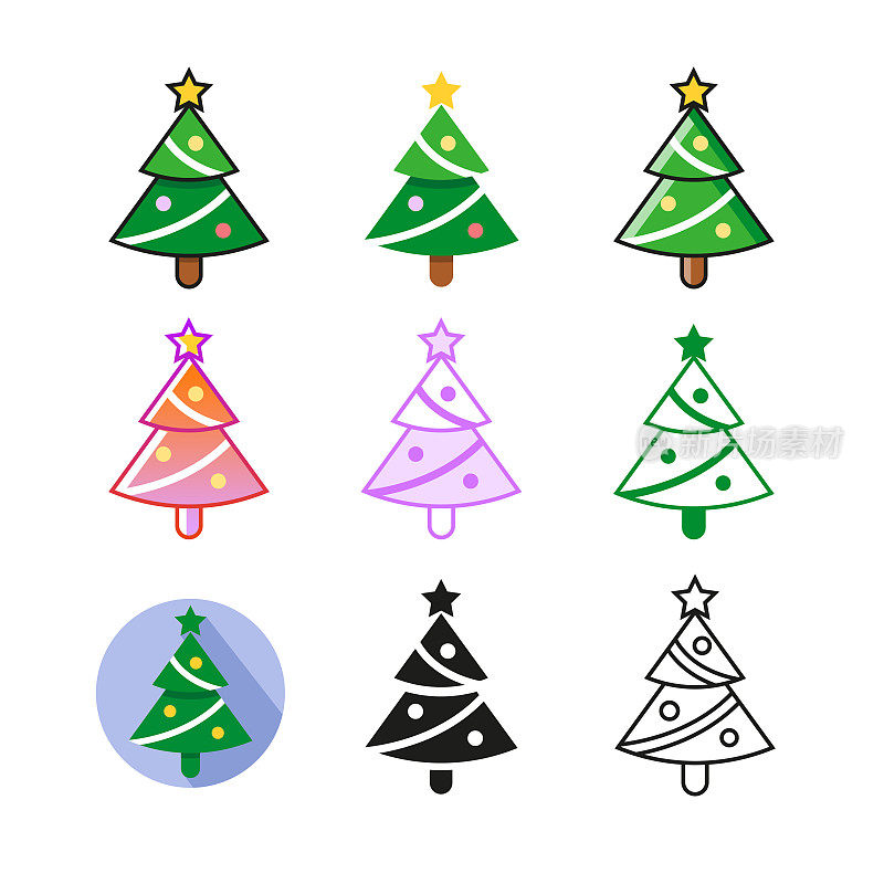圣诞树图标。9种不同的风格