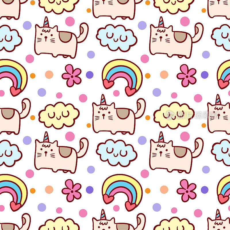 可爱的独角兽猫与彩虹卡通无缝图案