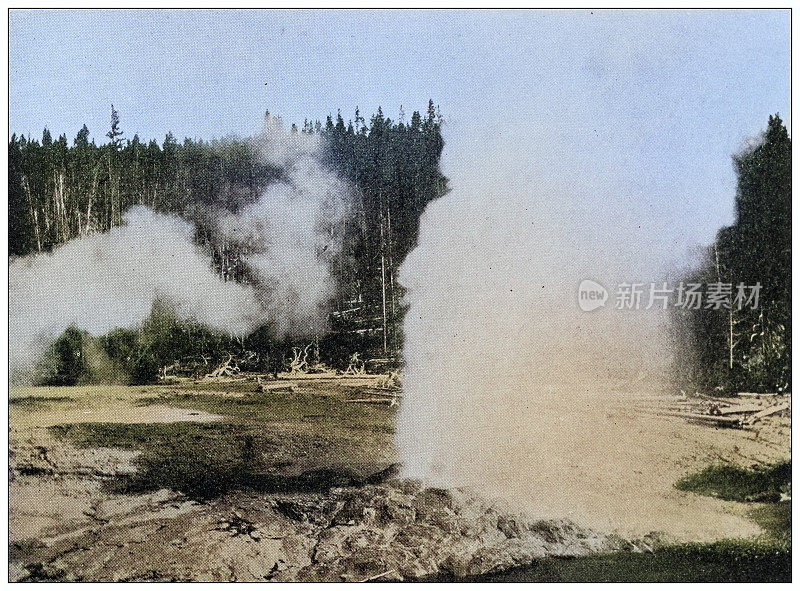 世界地标的古董照片(大约1894年):间歇泉，黄石公园，怀俄明州