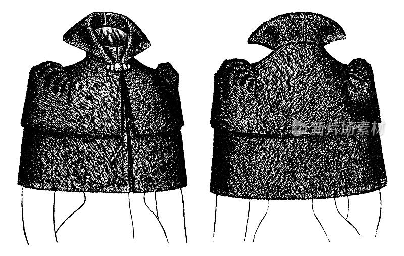 19世纪90年代维多利亚时代的时尚，19世纪的女士肩披风与立翼领(前面和后面)