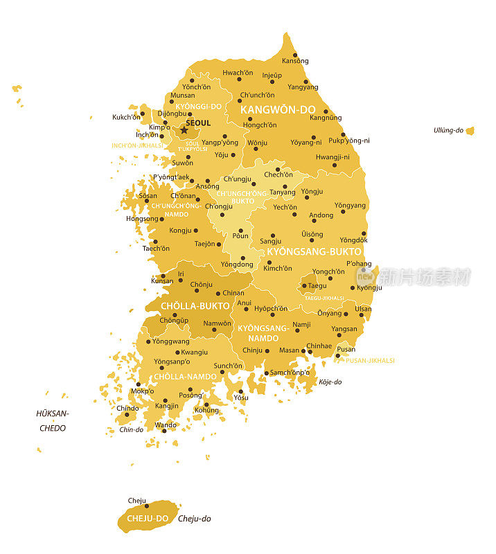 韩国地图。韩国矢量彩色地图