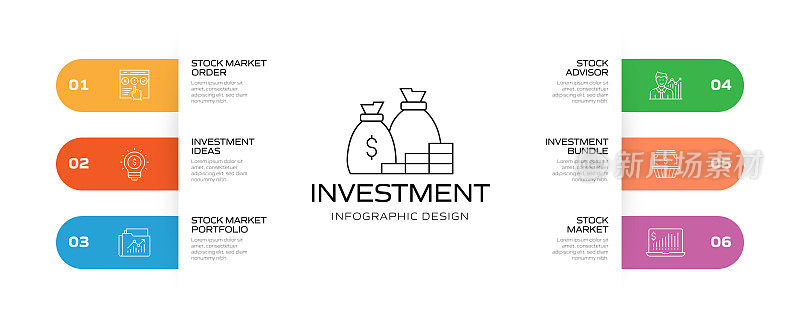 投资相关流程信息图模板。过程时间图。使用线性图标的工作流布局