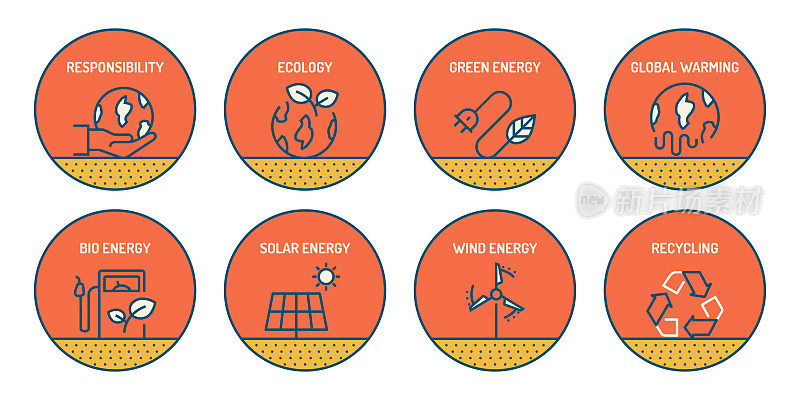 一组绿色能源相关线图标。简单的轮廓图标。
