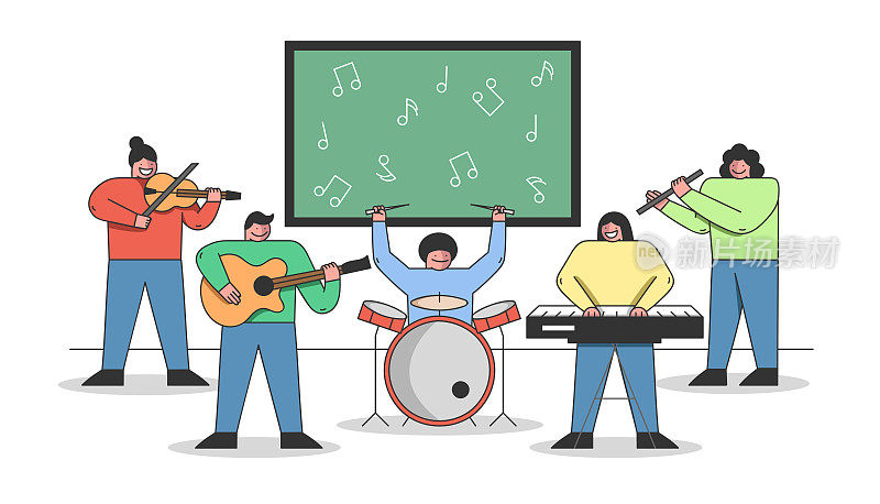 音乐教育的概念。人们正在学习演奏不同的乐器。在学校里，学生们在管弦乐队上一节小组音乐课。卡通线性轮廓扁平风格。矢量图