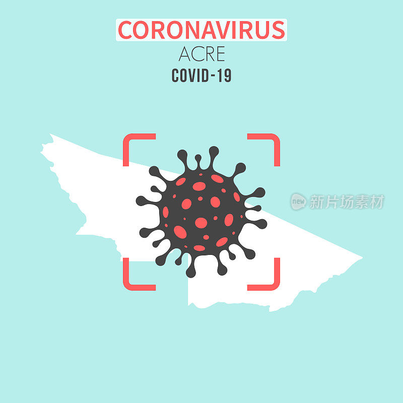 红色取景器中有冠状病毒细胞(COVID-19)的英亩地图