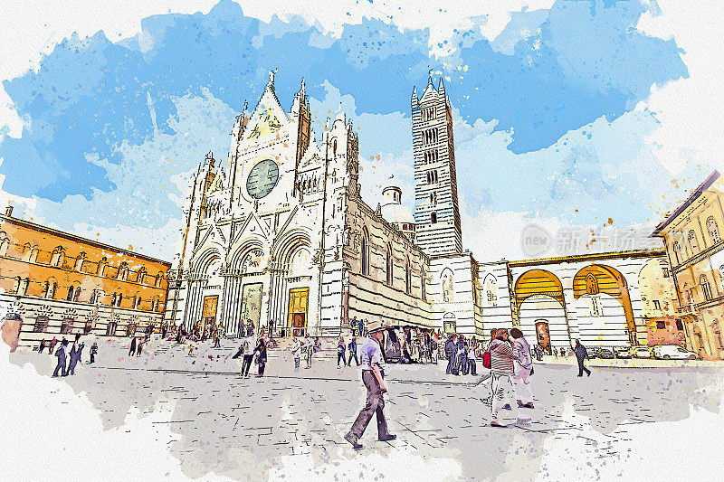 意大利锡耶纳世界遗产圣玛丽亚·艾苏塔大教堂的水彩画。