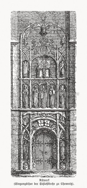 德国开姆尼茨城堡教堂的树枝窗饰，木刻，1893年出版
