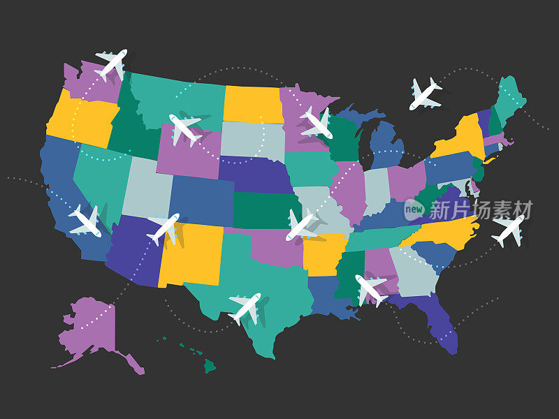 美国地图上飞机飞行的插图
