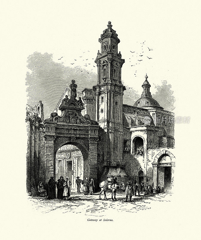 19世纪意大利萨莱诺的Gateway城市场景