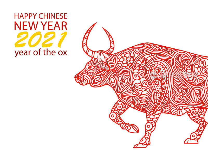 喜庆春节和牛年的背景与红牛抽象图案线佩斯利白背景。翻译过来就是新年快乐。