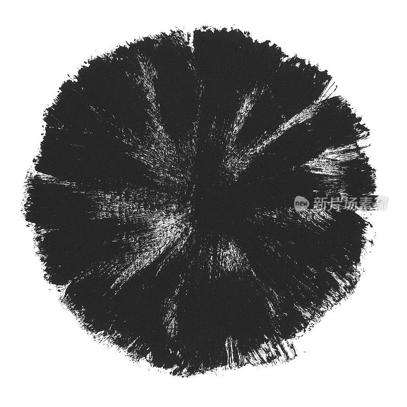 白色纸张背景中央的一个巨大的黑点――这个黑点是用黑色颜料在中心方向上画的――抽象的污点，语音气泡，花头，点子点――单色极简主义矢量插图