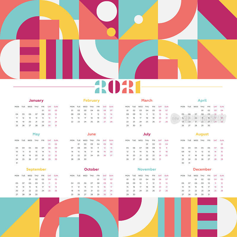 2021年日历，几何形状，简约风格。企业设计规划模板。一周从周日开始。一套12个月。