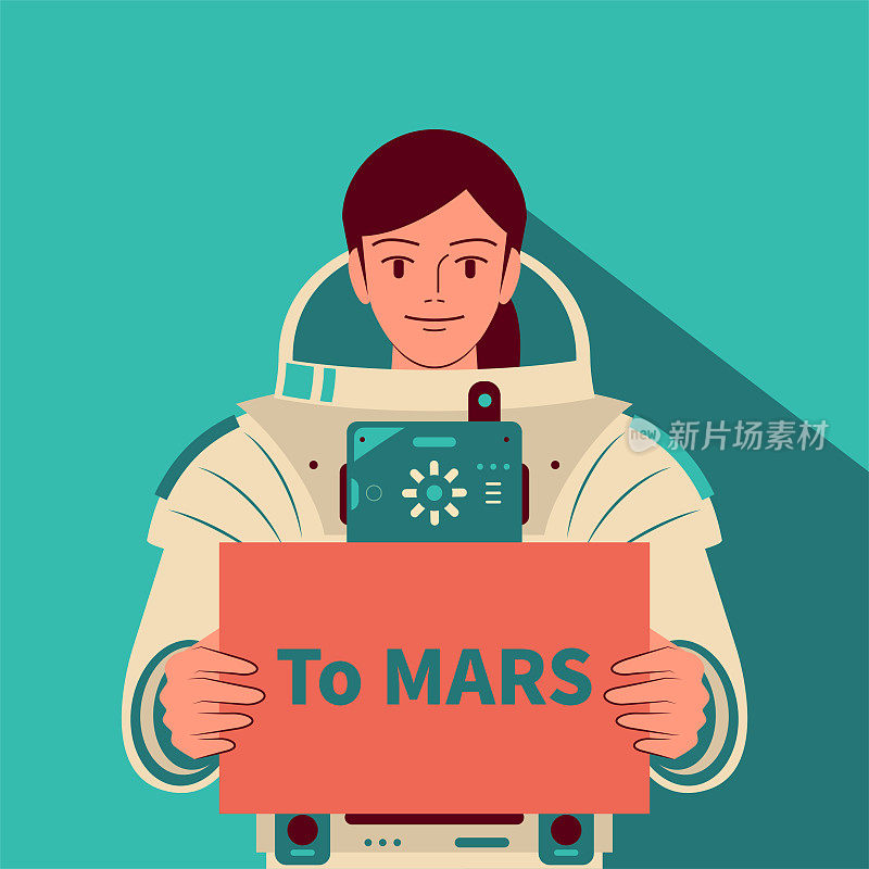 微笑美丽的女宇航员(女宇航员)不戴头盔举着一个写有“去火星”的牌子，探索火星，火星移民，太空旅行和探索，外层空间竞争
