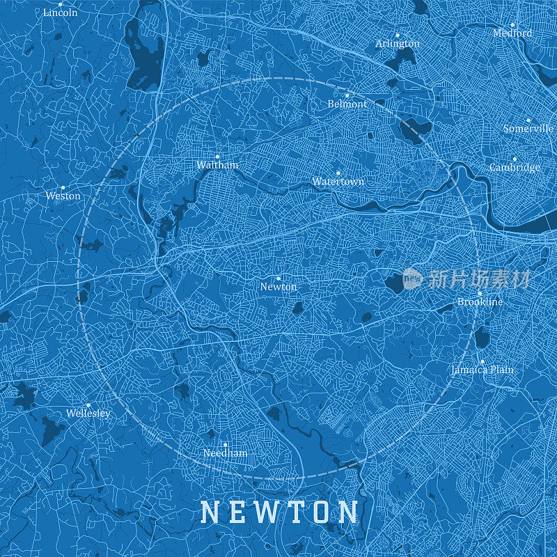 牛顿马城市矢量路线图蓝色文本