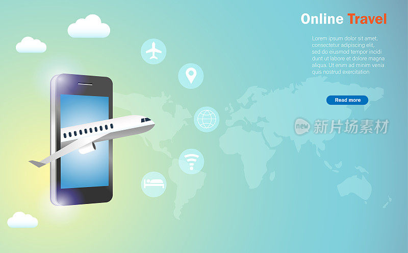 飞机穿透移动屏幕与旅行图标和世界地图背景。