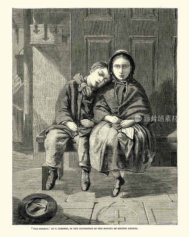 19世纪60年代，维多利亚时代，一个无聊的孩子在教堂里听布道时睡着了